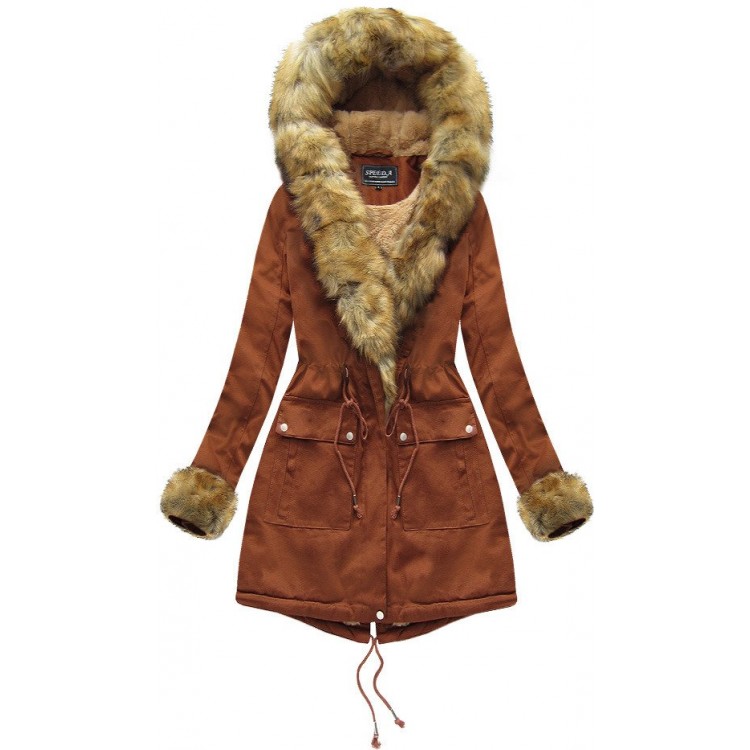 Dámska bavlnená bunda s kožúškom karamelová (XW805X)