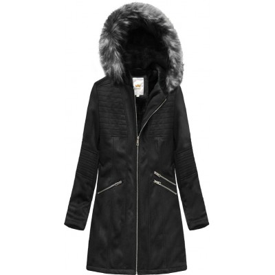 Dámska zamatová bunda s kapucňou čierna (6516)