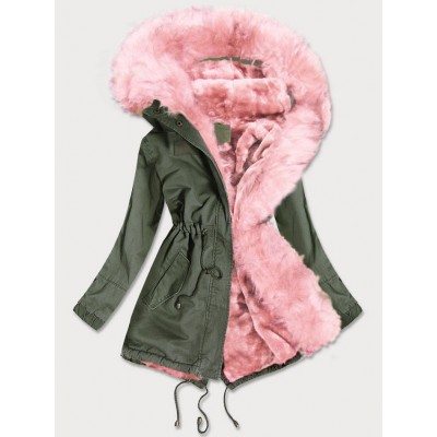 Dámska zimná bunda parka khaki-ružová (D-216#)