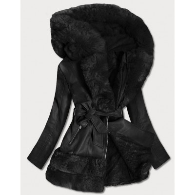 Dlhšia dámska koženková bunda čierna (0583)
