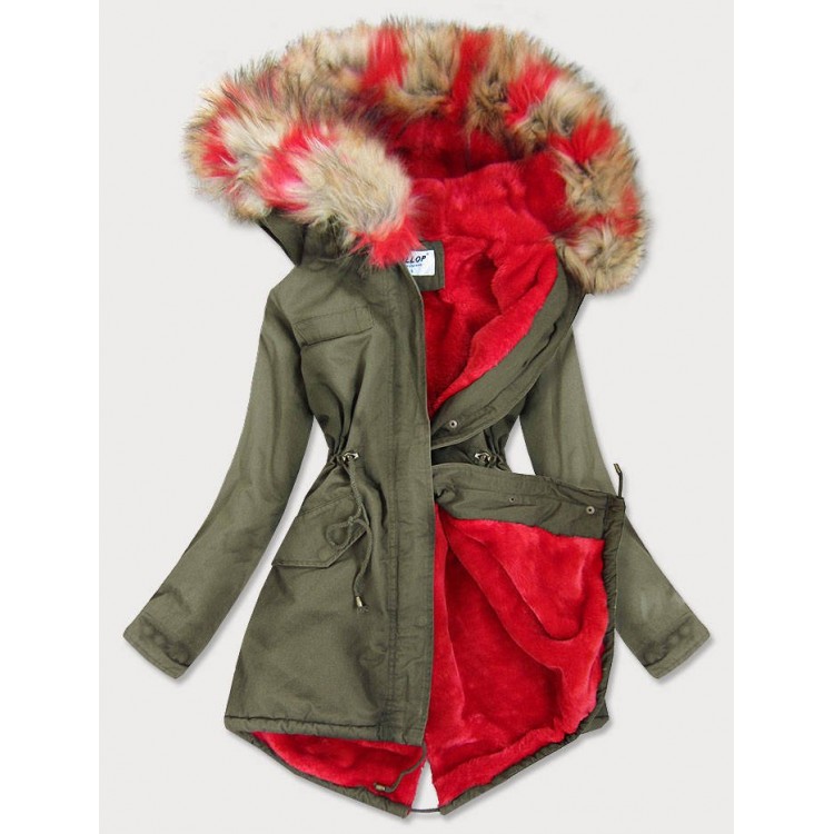 Dámska zimná bunda parka khaki-červená (X619X)