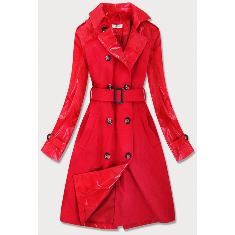 Tenký dámsky kabát z kombinovaných materiálov červený (YR2027)