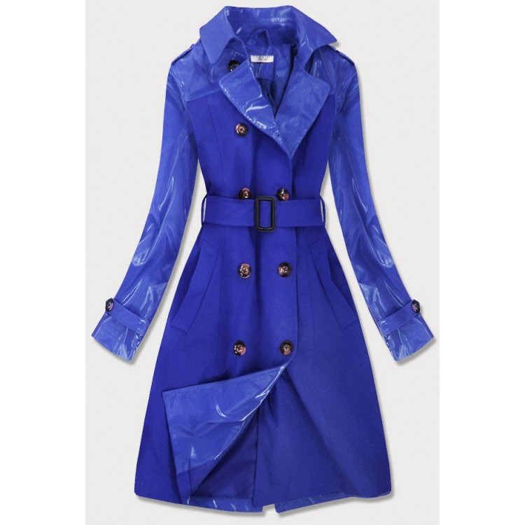 Tenký dámsky kabát z kombinovaných materiálov modrý (YR2027)