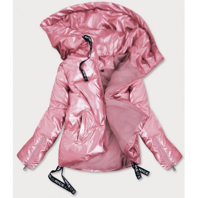 Dámska lesklá krátka zimná bunda ružová (632ART)