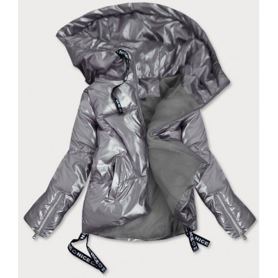 Dámska lesklá krátka zimná bunda strieborná (632ART)