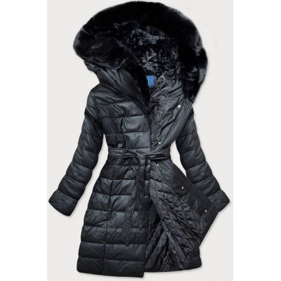 Dlhá dámska zimná bunda z eko-kože čierna  (GSQ2207)