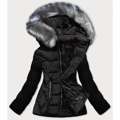Dámska prešívaná zimná bunda s kapucňou čierna (R-9903)