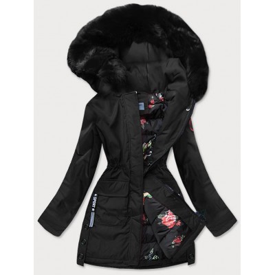Dámska zimná bunda s ozdobnou podšívkou čierna (B9576-1)