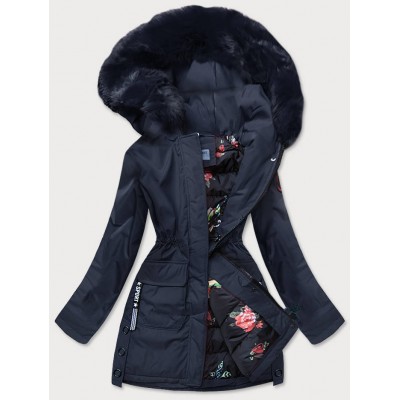 Dámska zimná bunda s ozdobnou podšívkou tmavomodrá  (B9576-3)