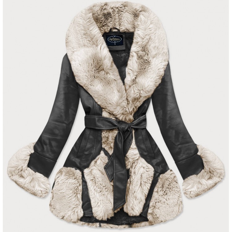 Elegantná koženková zimná bunda čierno-ecru (FL202018)