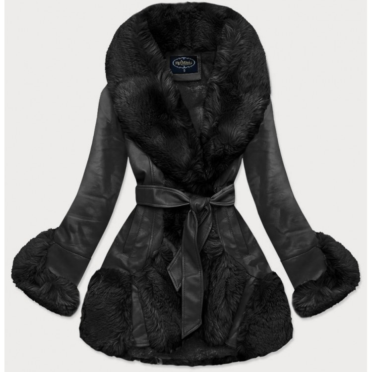 Elegantná koženková zimná bunda čierna (FL202018)