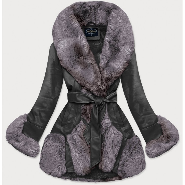 Elegantná koženková zimná bunda čierno-šedá  (FL202018)