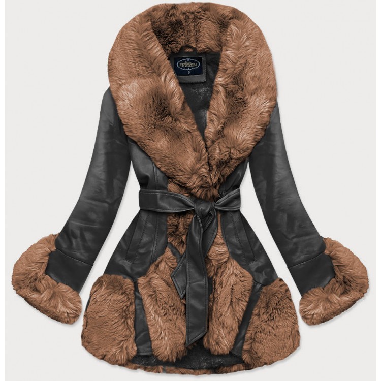Elegantná koženková zimná bunda čierno-hnedá (FL202018)