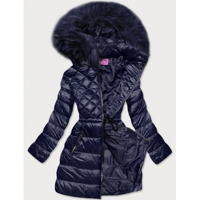 Prešívaná dámska zimná bunda s kapucňou tmavomodrá  (8957-E)