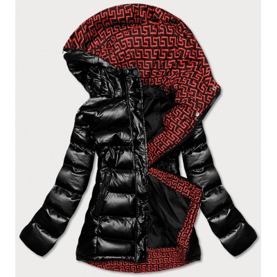 Dámska prešívaná zimná bunda s kapucňou čierno-červená (XW817X)