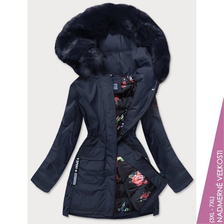 Dámska zimná bunda s ozdobnou podšívkou tmavomodrá (R9577)