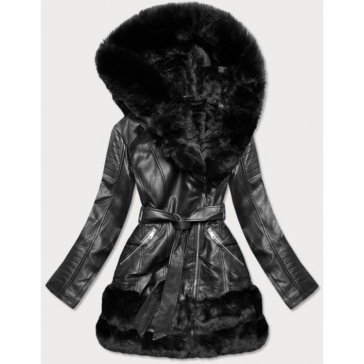 Dámska koženková zimná bunda čierna  (B9736)
