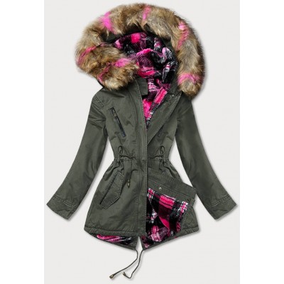 Dámska zimná bunda parka khaki-ružová  (D-238#)