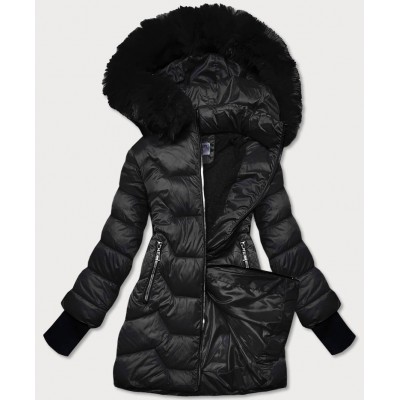 Prešívaná dámska zimná bunda s kapucňou čierna  (B2719-1)