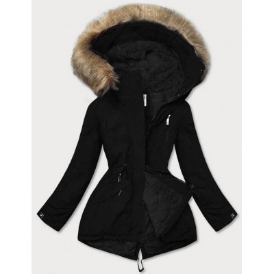 Lesklá dámska zimná bunda  (W673) čierno-hnedá