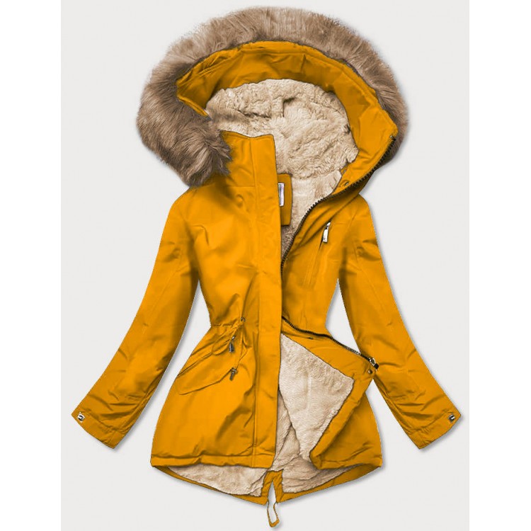 Dámska zimná bunda s kožušinovou podšívkou žltá (W558)