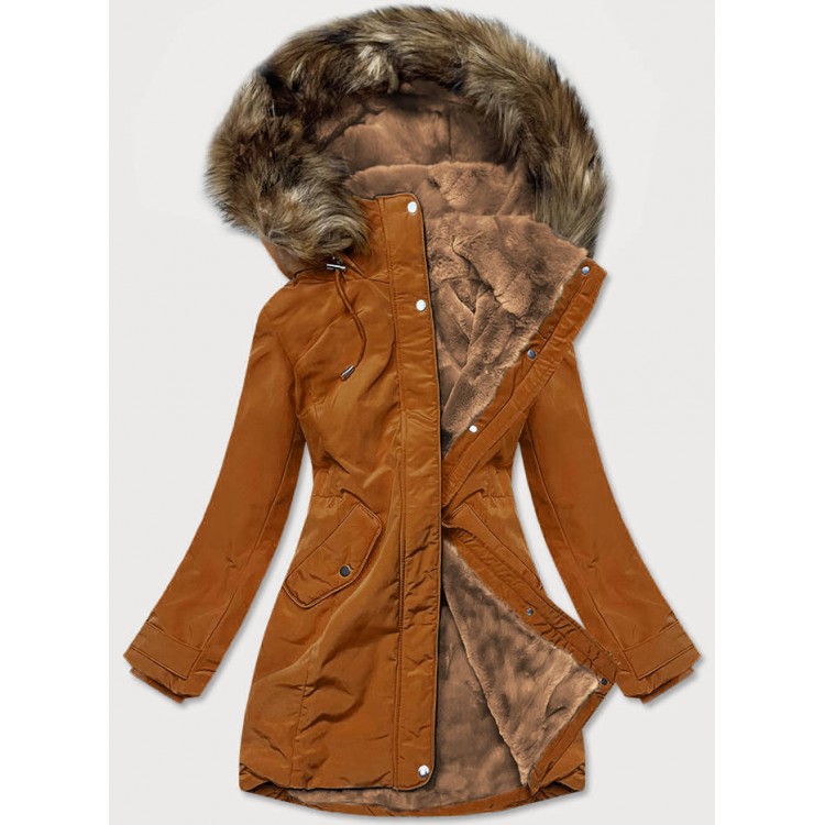 Dámska zimná bunda s kožušinou karamelová (M-21501)