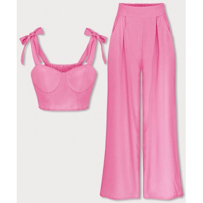 Elegantný dámsky komplet top + nohavice ružový (22483)