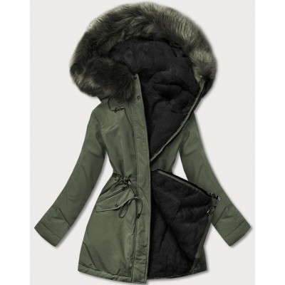 Teplá dámska zimnú bunda čierna-khaki (W610)