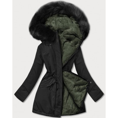 Teplá dámska zimnú bunda čierna-khaki (W610)