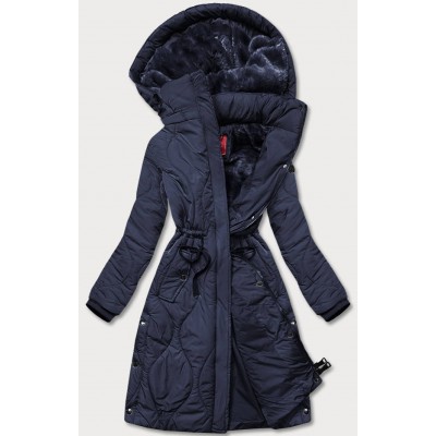 Dámska dlhá zimná bunda po kolená tmavomodrá (M-21601)