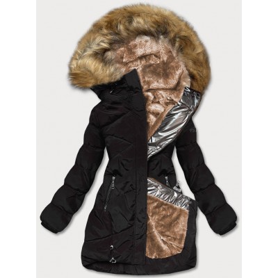Prešívaná dámska zimná bunda čierno-hnedá (M-21015)