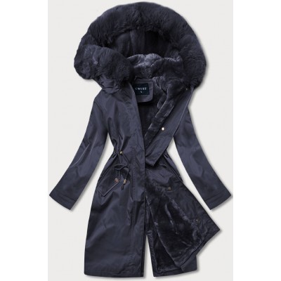 Teplá dámska kožušinová zimná bunda tmavomodrá (B537-3)