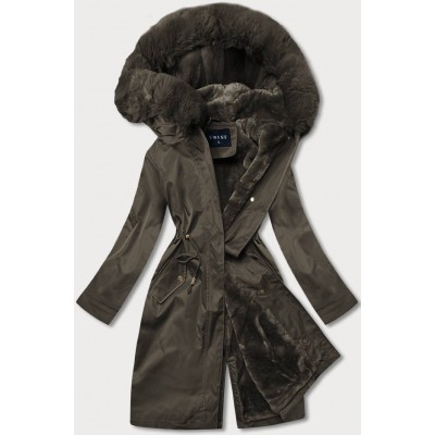 Teplá dámska kožušinová zimná bunda khaki (B537-11)