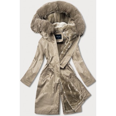 Teplá dámska kožušinová zimná bunda béžová (B537-46)
