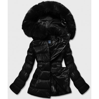Lesklá dámska zimná bunda čierna  (B8090-1)
