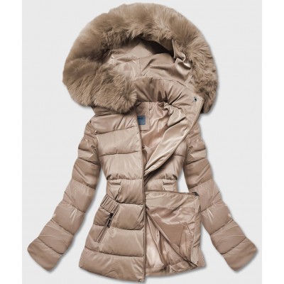 Lesklá dámska zimná bunda béžová (B8090-46)
