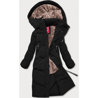 Dlhá dámska zimná bunda s kožúškom čierna (2M-011)