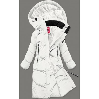 Dlhá dámska zimná bunda s kožúškom ecru (2M-011)