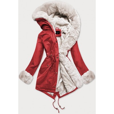Dámska zimná bunda parka červená-ecru  (B530-4046)