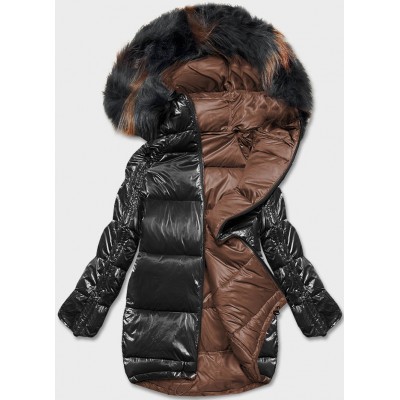 Dámska obojstranná zimná bunda oversize čierno-hnedá  (H-1088-01)