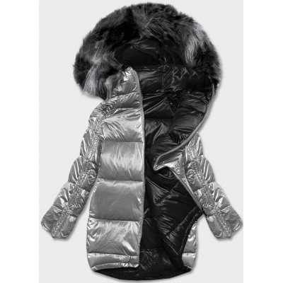 Dámska obojstranná zimná bunda oversize šedo-čierna (H-1088-61)