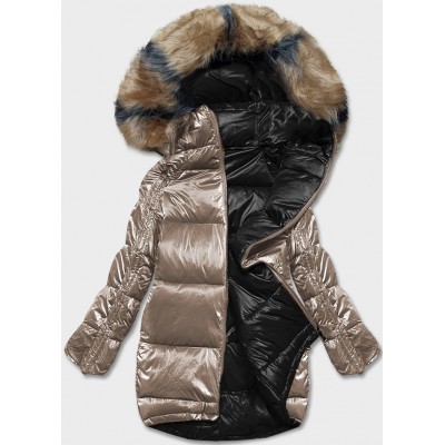 Dámska obojstranná zimná bunda oversize béžovo-čierna  (H-1088-91)