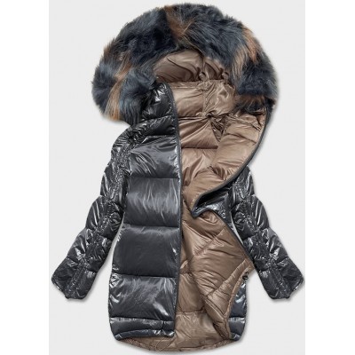 Dámska obojstranná zimná bunda oversize tmavošedo-béžová (H-1088-62)