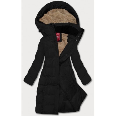 Dlhá dámska zimná bunda s kožúškom čierna (2M-025)