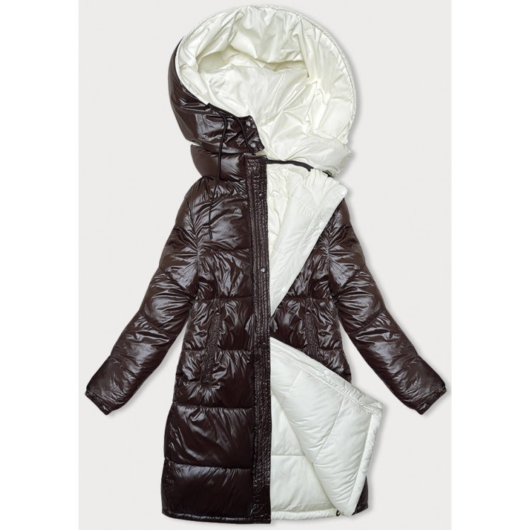 Hrubá dámska zimná bunda hneda-ecru (V768G)