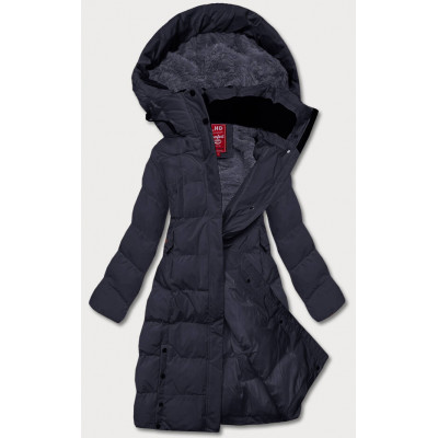 Dlhá dámska zimná bunda s kožúškom tmavomodra (2M-025)