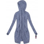Dámsky dlhý sveter kardigan s kapucňou modrý (61ART)