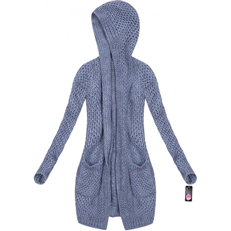 Dámsky dlhý sveter kardigan s kapucňou modrý (61ART)
