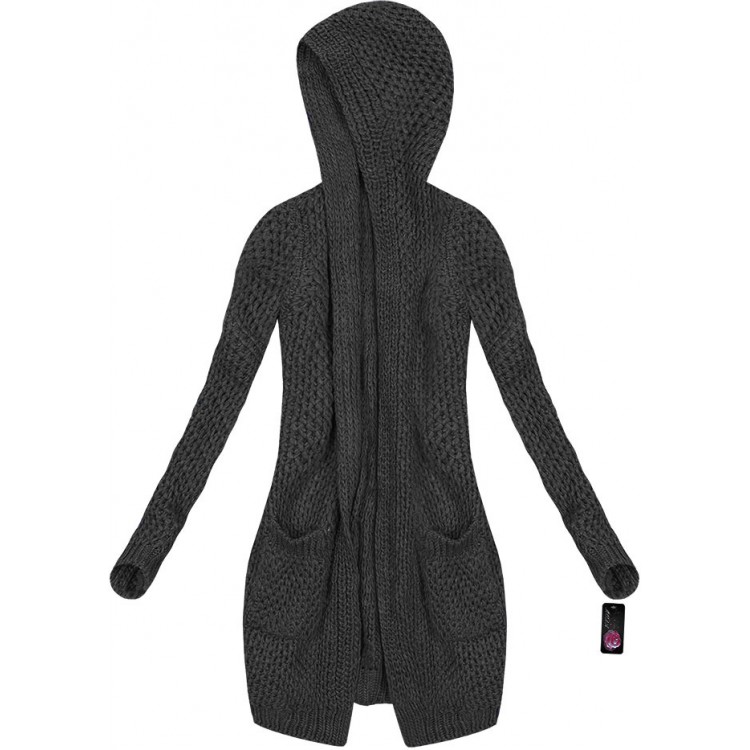 Dámsky dlhý sveter kardigan s kapucňou čierny (61ART)